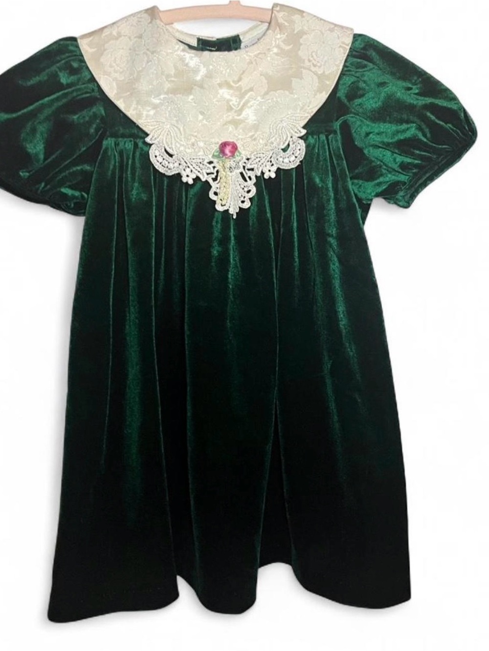 Vintage Green Velvet Babydoll-Style Dress with Floral Lace-Bib Collar